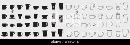 Set di icone della tazza di caffè. Tazze di tè e caffè. Icona bevanda calda. Tazza monouso. Tazza di caffè con vapore. Stile piatto. Illustrazione vettoriale. Vettore Illustrazione Vettoriale