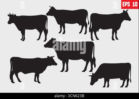 Set di sagome di mucca in pose diverse disposte in fila. Vista laterale. Bestiame da latte. Animali da fattoria. Illustrazione vettoriale isolata su sfondo bianco Illustrazione Vettoriale