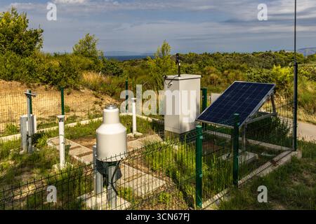 Stazione meteorologica sull'isola di Rab in Croazia, che misura la velocità del vento, l'umidità dell'aria e la temperatura dell'aria Foto Stock