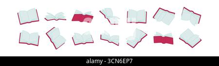 Illustrazione vettoriale 3D piatta di libri aperti con copertina Bordeaux e tratto di contorno. Libri di testo isometrici per l'istruzione, lo studio, la lettura, la biblioteca e. Illustrazione Vettoriale