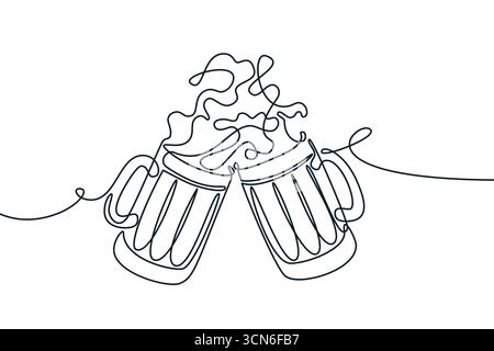 Immagine a linee continue disegnata a mano da vettore di due tazze da birra con bevande a spruzzo. Design astratto della monolina per menu bar pub, festa di festa, happ Illustrazione Vettoriale