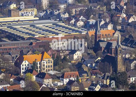Veduta aerea, veduta di Witten-Annen, chiesa cattolica di San Giuseppe, evang. Erloeserkirche, Freiligrathschule, vecchio edificio dell'Università Witten Herdecke, SMS Foto Stock