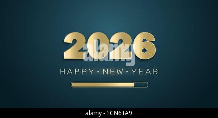 Sfondo di Capodanno con scritta oro 2026 e felice anno nuovo su sfondo verde. Uno striscione natalizio. Illustrazione Vettoriale