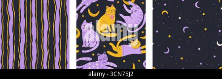 Set fantasia senza cuciture Cat cute Doodle Vector con sfondo colorato Daisy Flower Kids per Fun Design Illustrazione Vettoriale