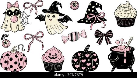 Set di stampe retro Halloween Vintage con icone Spooky Clipart con fantasma, zucca, torta, Eyeball, cappello da strega e calderone Illustrazione Vettoriale