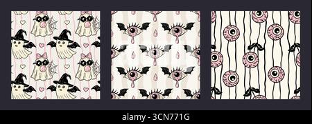 Set Vector vintage Halloween retro fantasia con sfondo senza cuciture Collezione di tessuti Spooky rosa con Ghost, Eyeball e Bat Wing Illustrazione Vettoriale