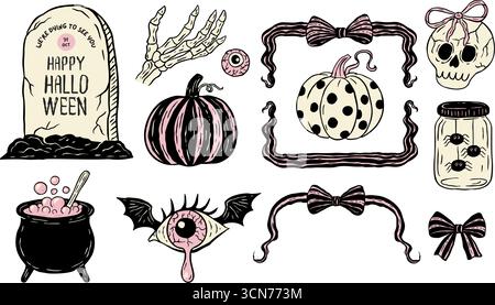 Set di stampe retro Halloween Vintage, stravagante e spaventoso Spooky Clipart con zucca, teschio, calderone, occhio e vaso di ragno Illustrazione Vettoriale