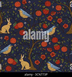 Stravagante bohémien Boho Garden Seamless Pattern con coniglio uccello Apple Fruit Tree Fiore in fiore e viti decorative Illustrazione Vettoriale