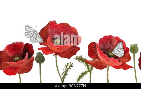 Bordo a farfalla rosso acquerello. Papaveri e farfalle bianche su bianco. Perfetto per l'estate, con design floreali e delicati. Colorazione vivace dipinta a mano Foto Stock