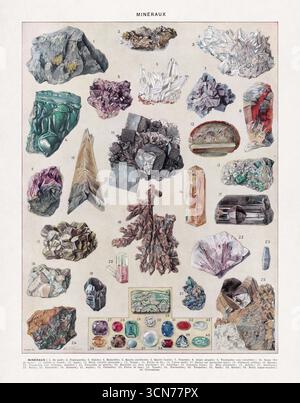 Illustrazione a colori a mezza tonalità prodotta da Marthe e Juliette Vesque sui minerali stampata in un vecchio dizionario francese. Foto Stock
