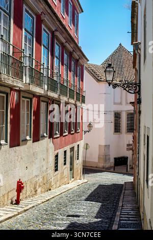 Strada acciottolata con edificio rosso Lisbona Portogallo // LISBONA, Portogallo - Una strada acciottolata si snoda in salita tra gli edifici, uno dei quali è dipinto di rosso vivace con balconi ornati e grandi finestre. La scena cattura la caratteristica architettura che si trova nei quartieri storici di Lisbona. La strada è lastricata con la tradizionale calcada portuguesa portoghese, un mosaico di pietre bianche e nere. Un idrante rosso del fuoco è visibile sul lato sinistro della strada e un lampione vecchio stile adorna il muro di un edificio sulla destra. Sullo sfondo, un edificio bianco con tetto piastrellato e sbarre Foto Stock