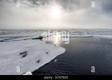 Sjuoyane sette isole Svalbard Oceano Artico Norvegia // SVALBARD E JAN MAYEN - l'Oceano Artico è visto con banchi di ghiaccio galleggianti e acqua aperta sotto un cielo nuvoloso. Il sole è diffuso dalle nuvole, che proiettano una luce soffusa sul paesaggio ghiacciato. L'immagine cattura la dura bellezza e l'ambiente remoto dell'arcipelago delle Svalbard, situato nell'Oceano Artico. Le Svalbard sono un arcipelago situato tra la Norvegia continentale e il Polo Nord. Foto Stock