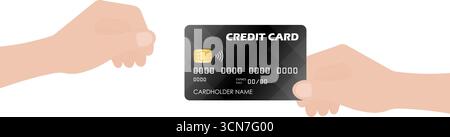 Tenere a mano e consegnare la carta di credito o di debito. Illustrazione vettoriale isolata su sfondo bianco. Illustrazione Vettoriale