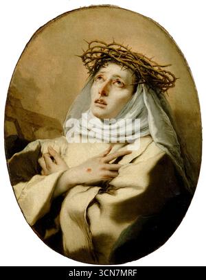 "Santa Caterina da Siena" (Santa Caterina da Siena) dipinto dell'artista italiano Giovanni Battista Tiepolo (1696-1770) che mostra Santa Caterina da Siena con una corona di spine che mostra le stigmate che osservano il cielo evocando sofferenza e devozione. Fotografia dell'olio originale del 1746 su tela (ovale, 70 x 52 cm), Kunsthistorisches Museum, Vienna. Foto Stock