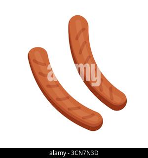 Salsiccia fritta isolata su sfondo bianco, cibo di strada, fast food, barbecue. Illustrazione vettoriale della salsiccia grigliata in stile cartoni animati. Illustrazione Vettoriale