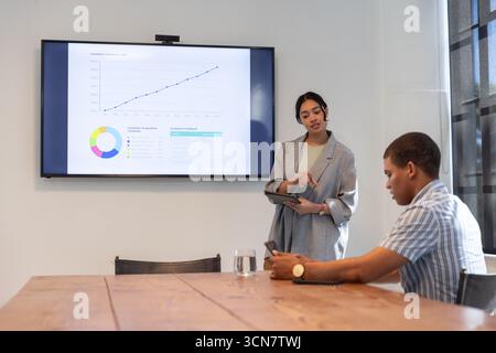 Diversi colleghi che presentano dati su tablet, display a parete in sala conferenze, spazio di copia Foto Stock