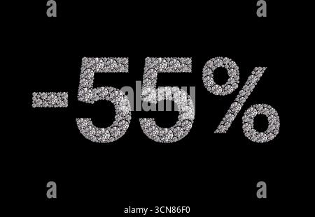 Un primo piano di un numero a forma di diamante che dice il 55% su di esso. La forma a diamante è composta da piccoli diamanti che le donano un aspetto scintillante e lussuoso Foto Stock