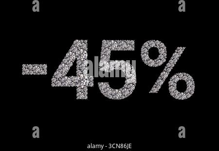 Un primo piano di un numero a forma di diamante che dice il 45% su di esso. La forma a diamante è composta da piccoli diamanti che le donano un aspetto scintillante e lussuoso Foto Stock