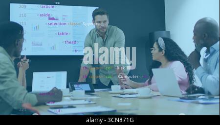 Presentando un uomo in camicia verde che conduce la discussione nella sala riunioni, con schermo di proiezione e computer portatili Foto Stock