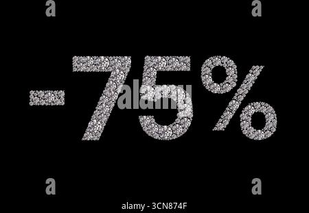Primo piano di un numero 75 a forma di diamante con un segno di percentuale a forma di diamante. L'immagine è in bianco e nero e ha un aspetto lucente e luccicante Foto Stock
