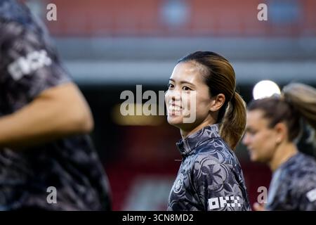 Londra, Regno Unito. 19 settembre 2025. Londra, Inghilterra, 19 settembre 2025: Yui Hasegawa (25 Manchester City) si riscalda prima della partita della Womens Super League tra il Tottenham Hotspur e il Manchester City a Brisbane Road a Londra, Inghilterra. (Foto di Pedro Porru/Sports Press Photo/SPP) credito: SPP Sport Press Photo. /Alamy Live News Foto Stock