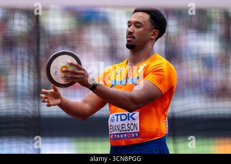 Tokyo, Giappone. 20 settembre 2025. TOKYO, GIAPPONE - 20 SETTEMBRE: Shaquille Emanuelson dei Paesi Bassi gareggia durante il lancio del disco maschile il giorno otto dei Campionati mondiali di atletica leggera di Tokyo 2025 allo Stadio Nazionale il 20 settembre 2025 a Tokyo, Giappone. (Foto di Joris Verwijst/Agenzia BSR) credito: Agenzia BSR/Alamy Live News Foto Stock