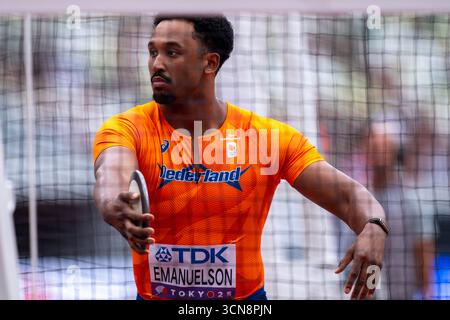 Tokyo, Giappone. 20 settembre 2025. TOKYO, GIAPPONE - 20 SETTEMBRE: Shaquille Emanuelson dei Paesi Bassi gareggia durante il lancio del disco maschile il giorno otto dei Campionati mondiali di atletica leggera di Tokyo 2025 allo Stadio Nazionale il 20 settembre 2025 a Tokyo, Giappone. (Foto di Joris Verwijst/Agenzia BSR) credito: Agenzia BSR/Alamy Live News Foto Stock
