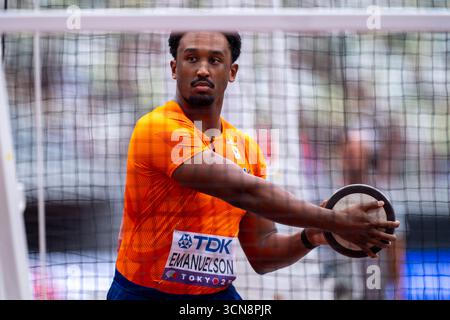 Tokyo, Giappone. 20 settembre 2025. TOKYO, GIAPPONE - 20 SETTEMBRE: Shaquille Emanuelson dei Paesi Bassi gareggia durante il lancio del disco maschile il giorno otto dei Campionati mondiali di atletica leggera di Tokyo 2025 allo Stadio Nazionale il 20 settembre 2025 a Tokyo, Giappone. (Foto di Joris Verwijst/Agenzia BSR) credito: Agenzia BSR/Alamy Live News Foto Stock