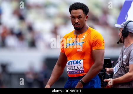 Tokyo, Giappone. 20 settembre 2025. TOKYO, GIAPPONE - 20 SETTEMBRE: Shaquille Emanuelson dei Paesi Bassi dopo aver gareggiato durante il lancio del disco maschile nell'ottavo giorno dei Campionati mondiali di atletica leggera di Tokyo 2025 al National Stadium il 20 settembre 2025 a Tokyo, Giappone. (Foto di Joris Verwijst/Agenzia BSR) credito: Agenzia BSR/Alamy Live News Foto Stock