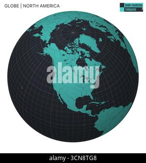 Vector Globe incentrato sul Nord America. Tavolozza Dark Charcoal Turquoise. Mappa del mondo con meridiani, paralleli, paesi, fiumi e laghi. Illustrazione Vettoriale