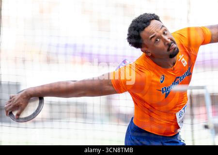Tokyo, Giappone. 20 settembre 2025. TOKYO, GIAPPONE - 20 SETTEMBRE: Shaquille Emanuelson dei Paesi Bassi gareggia durante il lancio del disco maschile il giorno otto dei Campionati mondiali di atletica leggera di Tokyo 2025 allo Stadio Nazionale il 20 settembre 2025 a Tokyo, Giappone. (Foto di Joris Verwijst/Agenzia BSR) credito: Agenzia BSR/Alamy Live News Foto Stock