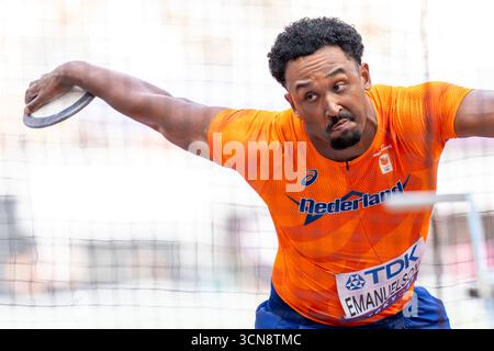 Tokyo, Giappone. 20 settembre 2025. TOKYO, GIAPPONE - 20 SETTEMBRE: Shaquille Emanuelson dei Paesi Bassi gareggia durante il lancio del disco maschile il giorno otto dei Campionati mondiali di atletica leggera di Tokyo 2025 allo Stadio Nazionale il 20 settembre 2025 a Tokyo, Giappone. (Foto di Joris Verwijst/Agenzia BSR) credito: Agenzia BSR/Alamy Live News Foto Stock