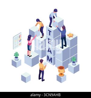 Il team Isometric collabora per creare il TEAM Word utilizzando i blocchi. Creazione di team e collaborazione Illustrazione Vettoriale