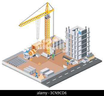 Cantiere isometrico con gru a torre, lavoratori, camion e grattacielo incompiuto. Edificio moderno con materiali, attrezzature e strade Illustrazione Vettoriale