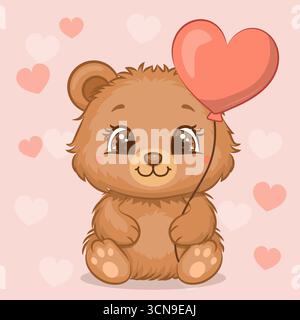 Carino cartone animato Orso bruno con palloncino a forma di cuore. Kawaii Vector illustrazione di un animale su sfondo rosa con cuori. Illustrazione Vettoriale