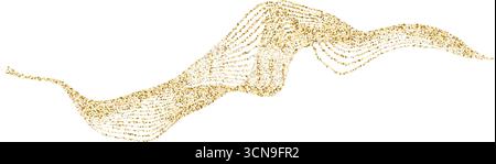Onda di flusso a stilo in oro astratto, schema ondulato di particelle. Rete sfumata tratteggiata curva dorata. Sfondo della linea a onda fluida punteggiata vettoriale per le vacanze Illustrazione Vettoriale