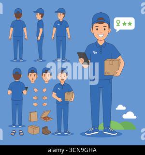 Addetto alle consegne, corriere che tiene il tablet e il pacco vicino alla porta del cliente. Costruttore di caratteri per l'animazione. Set per la visualizzazione anteriore, laterale e posteriore. Parti del corpo Illustrazione Vettoriale