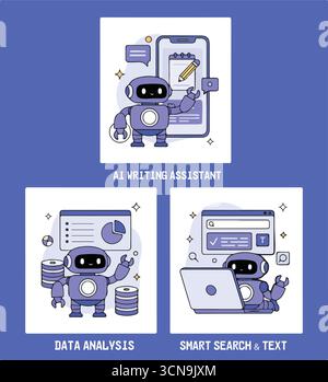 Tecnologia di intelligenza artificiale nel business set. Assistente robot AI che analizza dati, attività aziendali, seo. Concetto di strumenti di automazione. Illustrazione vettoriale Illustrazione Vettoriale