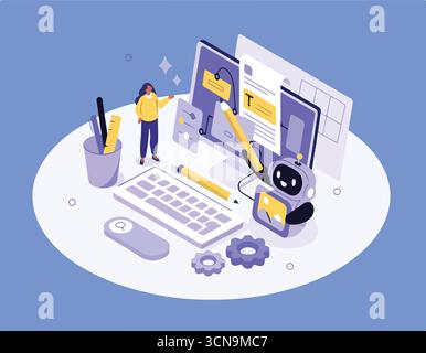 Creazione di contenuti, immagini e testo con strumenti generativi di intelligenza artificiale. Concetto di tecnologia AI. Illustrazione del vettore isometrico piatto. Illustrazione Vettoriale