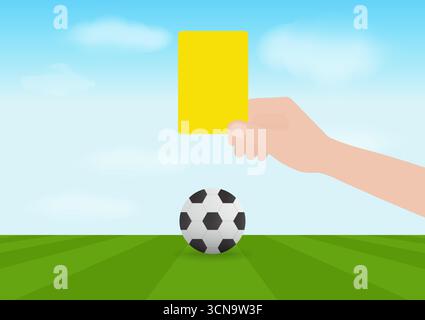 Mano che tiene in mano il cartellino giallo nello stadio di calcio. Illustrazione vettoriale. Illustrazione Vettoriale