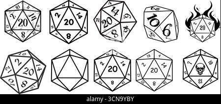 Set di dadi D20, illustrazione vettoriale dei cubi di gioco dnd in vari stili. Isolato su sfondo bianco Illustrazione Vettoriale
