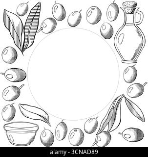 Olio d'oliva, bacca verde e foglie modello rotondo quadrato. Illustrazione in bianco e nero con inchiostro a linee grafiche vettoriali. Striscione, poster, avvolgimento Illustrazione Vettoriale