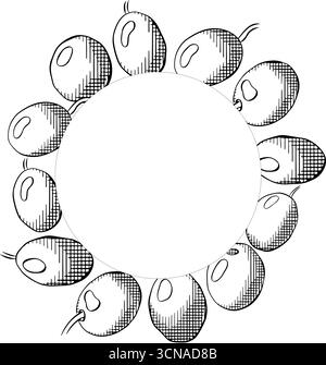 Sagoma quadrata a forma di cerchio di frutti di bosco color oliva. Illustrazione in bianco e nero con inchiostro a linee grafiche vettoriali. Firma silhouette per logo, stampa, fumetti, moda, pop Illustrazione Vettoriale