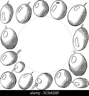 Sagoma quadrata a forma quadrata con bacca nera oliva. Illustrazione in bianco e nero con inchiostro a linee grafiche vettoriali. Per la stampa di t-shirt, web design e saloni di bellezza Illustrazione Vettoriale
