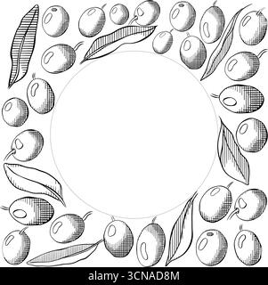 Modello di design per olio d'oliva. Verde oliva bacca e foglie quadrata circolare sagoma del telaio. Illustrazione in bianco e nero con inchiostro a linee grafiche vettoriali. Bann Illustrazione Vettoriale