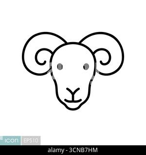 Semplice icona vettoriale a linee bianche e nere della testa di una pecora o di un montone con grandi corna ricciolate. Illustrazione Vettoriale