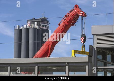 Gru mobile con braccio telescopico e silos per prodotti in calcestruzzo a Kisslegg, Allgaeu, Baden-Wuerttemberg, Germania Foto Stock
