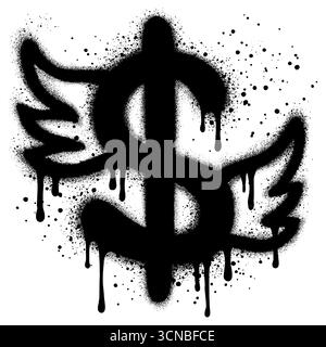 Dollaro con ali in stile graffiti. Emoji con soldi volanti. Volare con i soldi con le ali di emoji vettoriali. Illustrazione Vettoriale