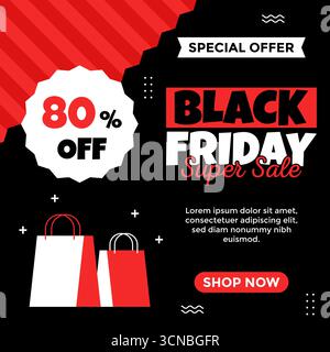 Design promozionale per il Black Friday con l'icona di una borsa per la spesa, perfetto per il post sui social media e le promozioni di marketing digitale. Illustrazione Vettoriale