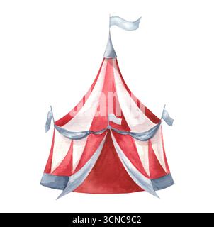 Tenda colorata ad acquerello con strisce rosse e bianche isolate su sfondo bianco. Illustrazione da circo vintage Foto Stock